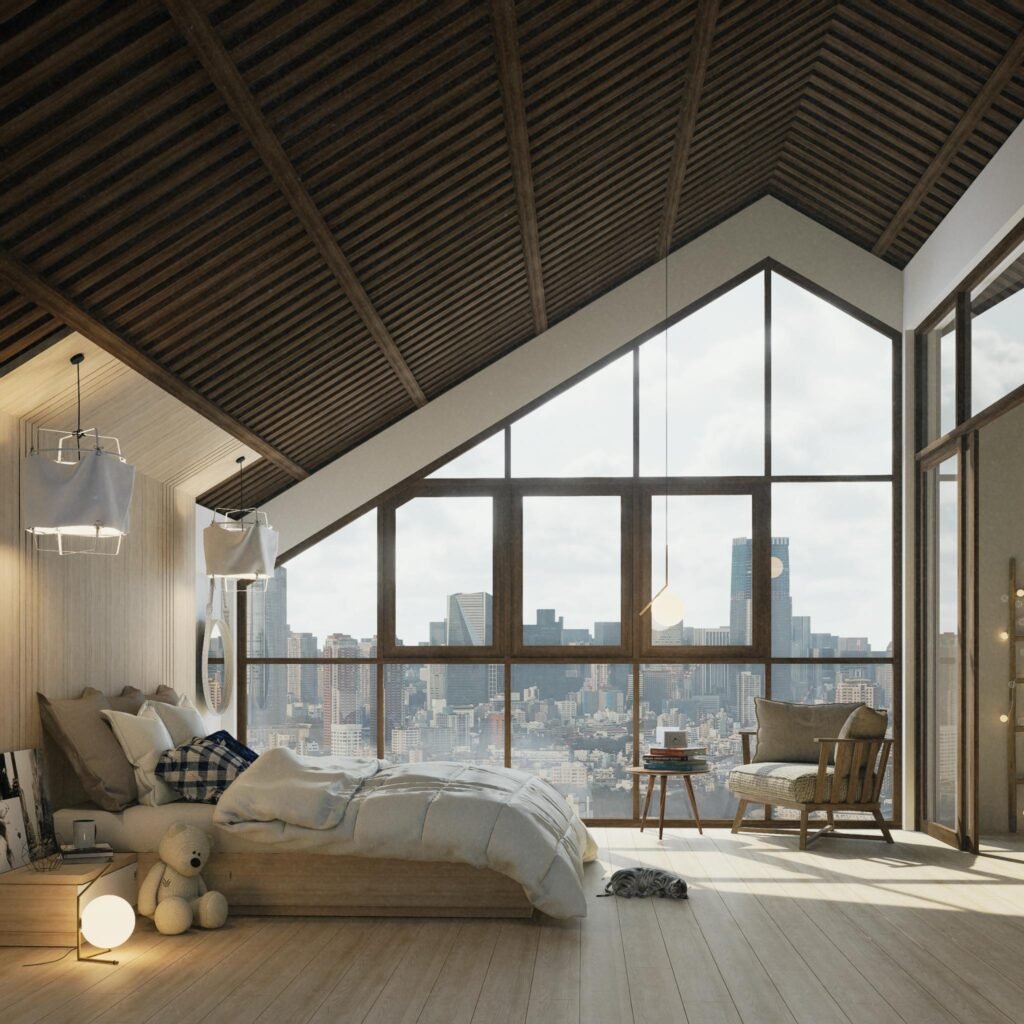 Modern attic bedroom with a large window offering a stunning cityscape view.